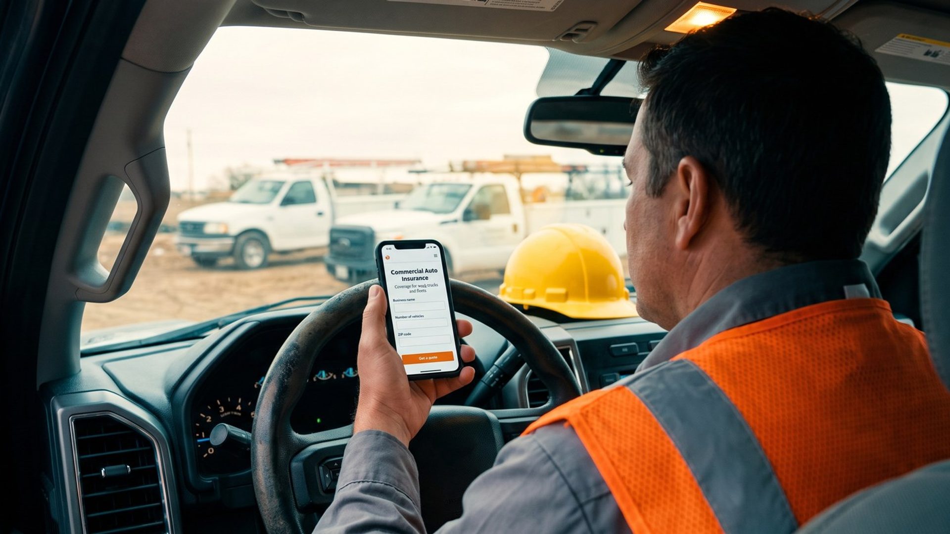 Over a contractor's shoulder in his pickup at a job site, his phone shows a Commercial Auto Insurance quote page with fields for business name, number of vehicles and ZIP code, a hard hat on the dash and white work trucks beyond the windshield