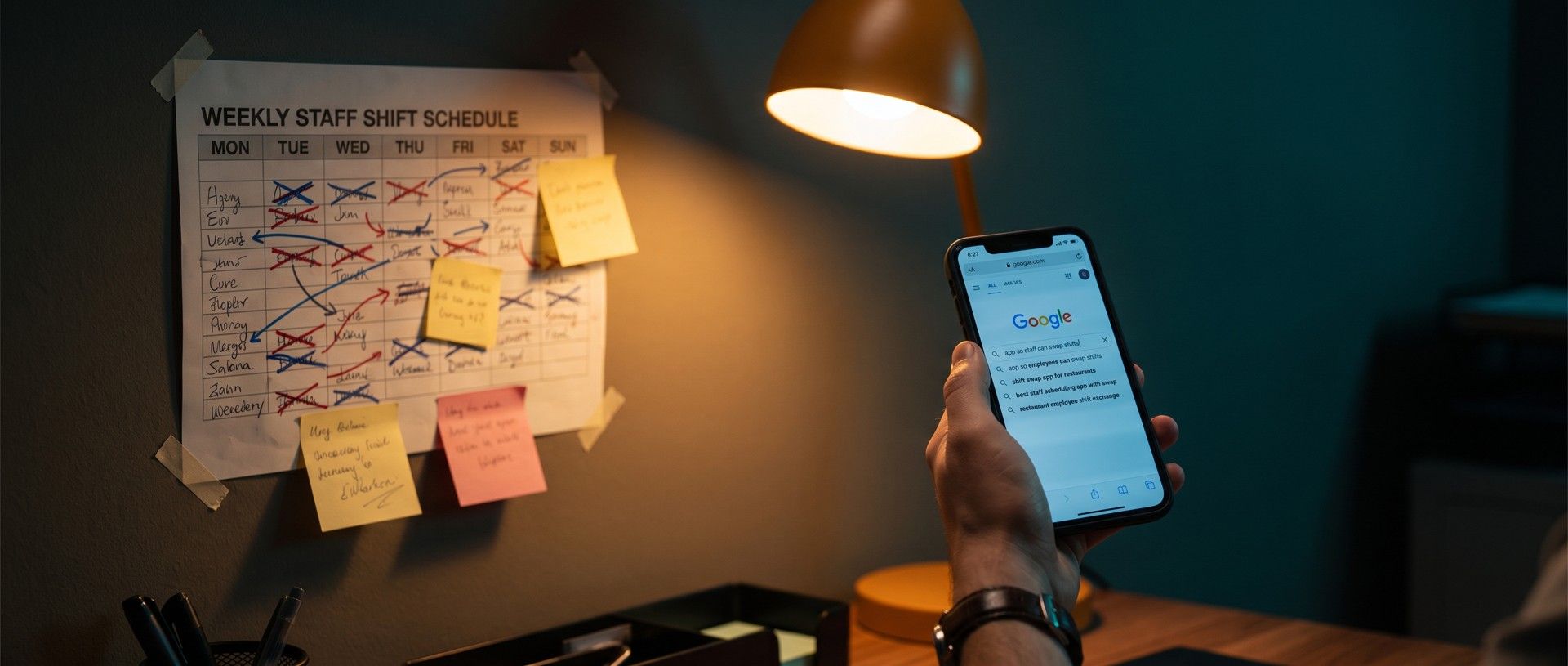 A hand holds a phone with a Google search for an app so staff can swap shifts, in front of a crossed-out paper weekly staff shift schedule covered in sticky notes in a back office at night
