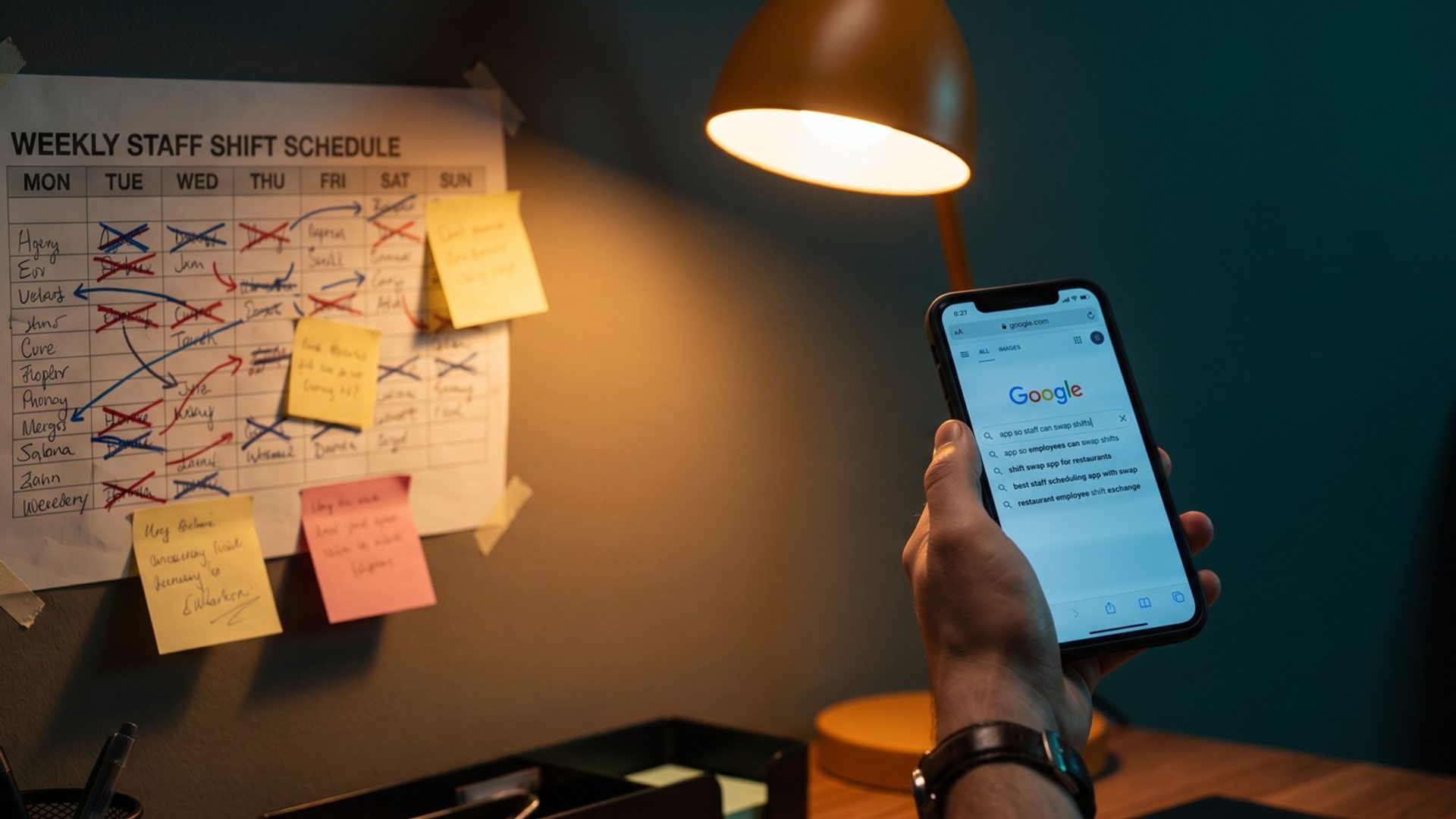 A hand holds a phone with a Google search for an app so staff can swap shifts, in front of a crossed-out paper weekly staff shift schedule covered in sticky notes in a back office at night