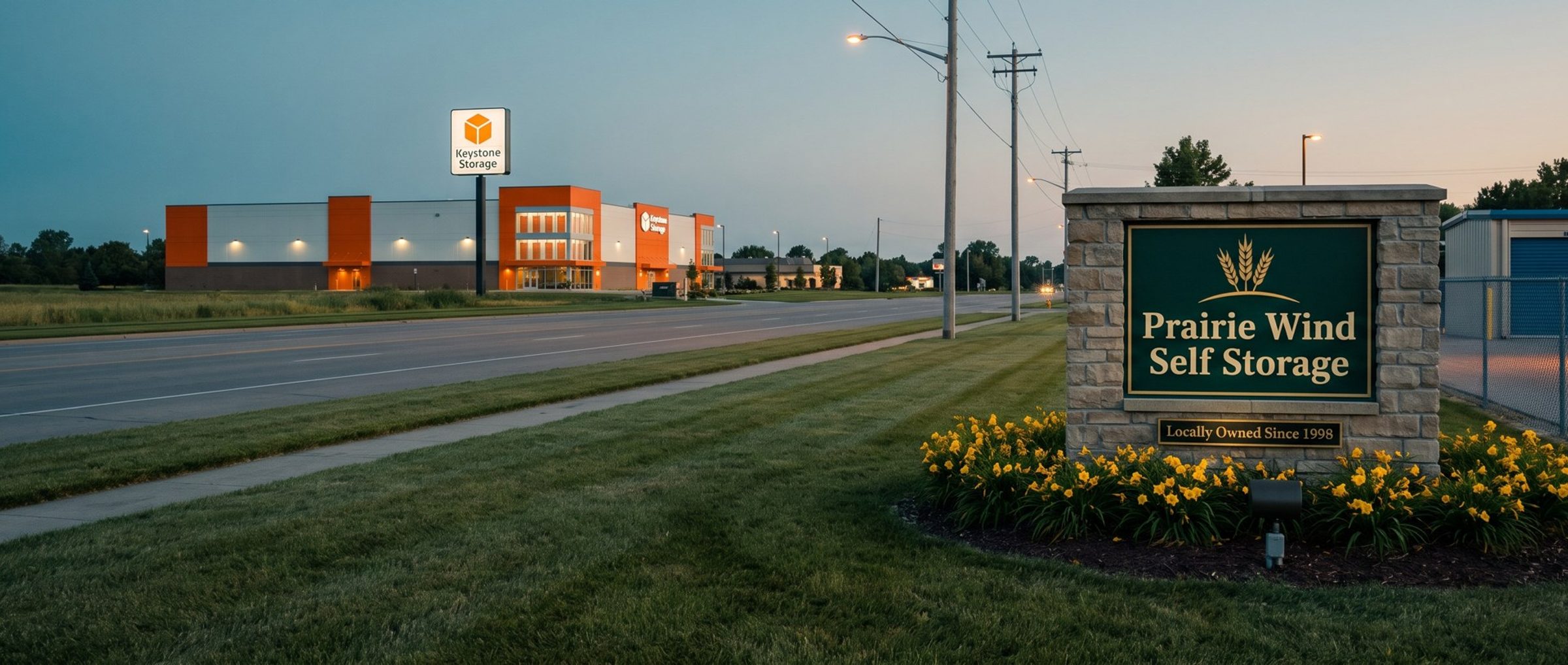 A roadside at dusk: a small stone sign in a bed of yellow flowers reads Prairie Wind Self Storage, Locally Owned Since 1998, in front of a fenced local storage facility, with a big orange chain storage building across the road in the distance