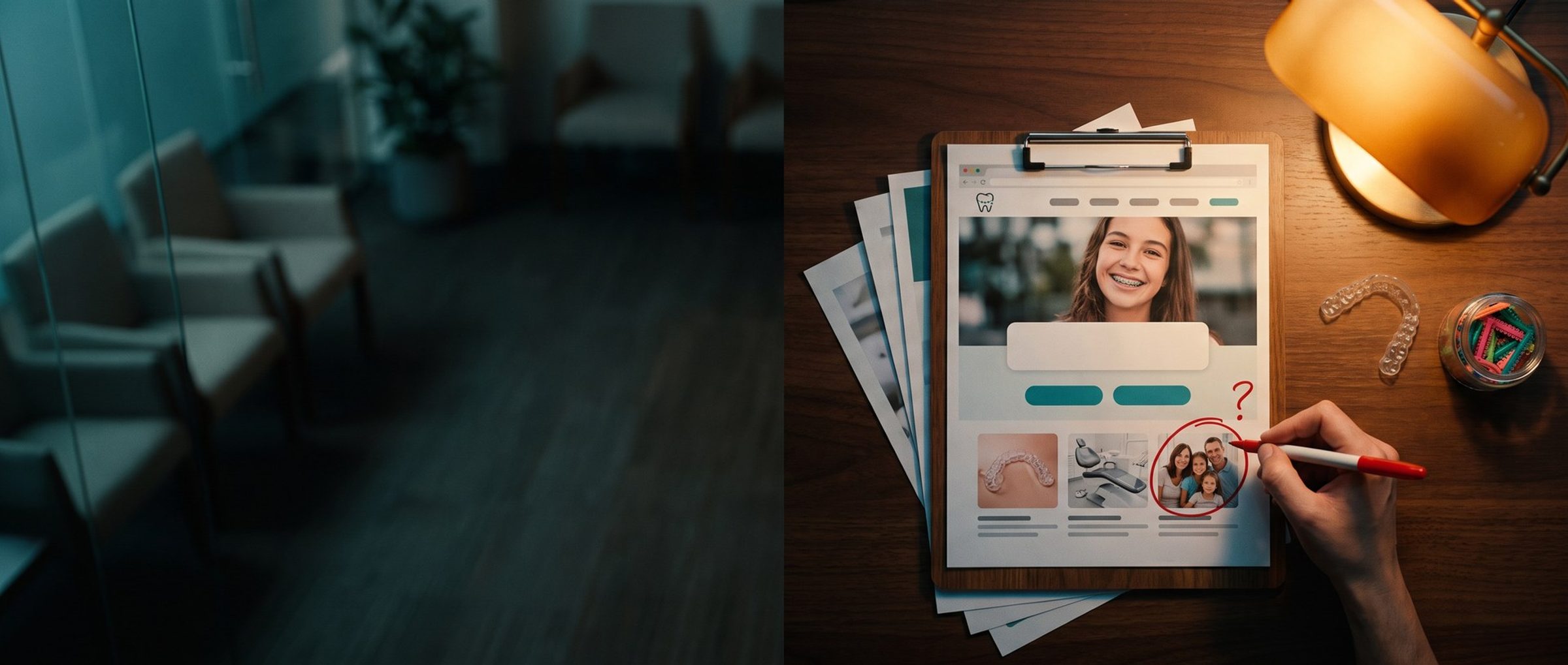 A hand with a red pen circling a photo on a printed orthodontist website page, with a tooth logo and a smiling teen in braces, clipped to a clipboard on a reception counter beside an aligner and a jar of colored elastics