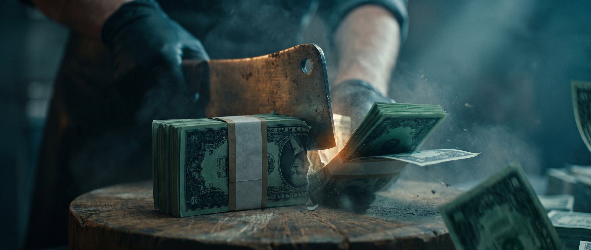 A heavy cleaver struck down through a strapped bundle of banknotes on a butcher's block, notes bursting out from the cut