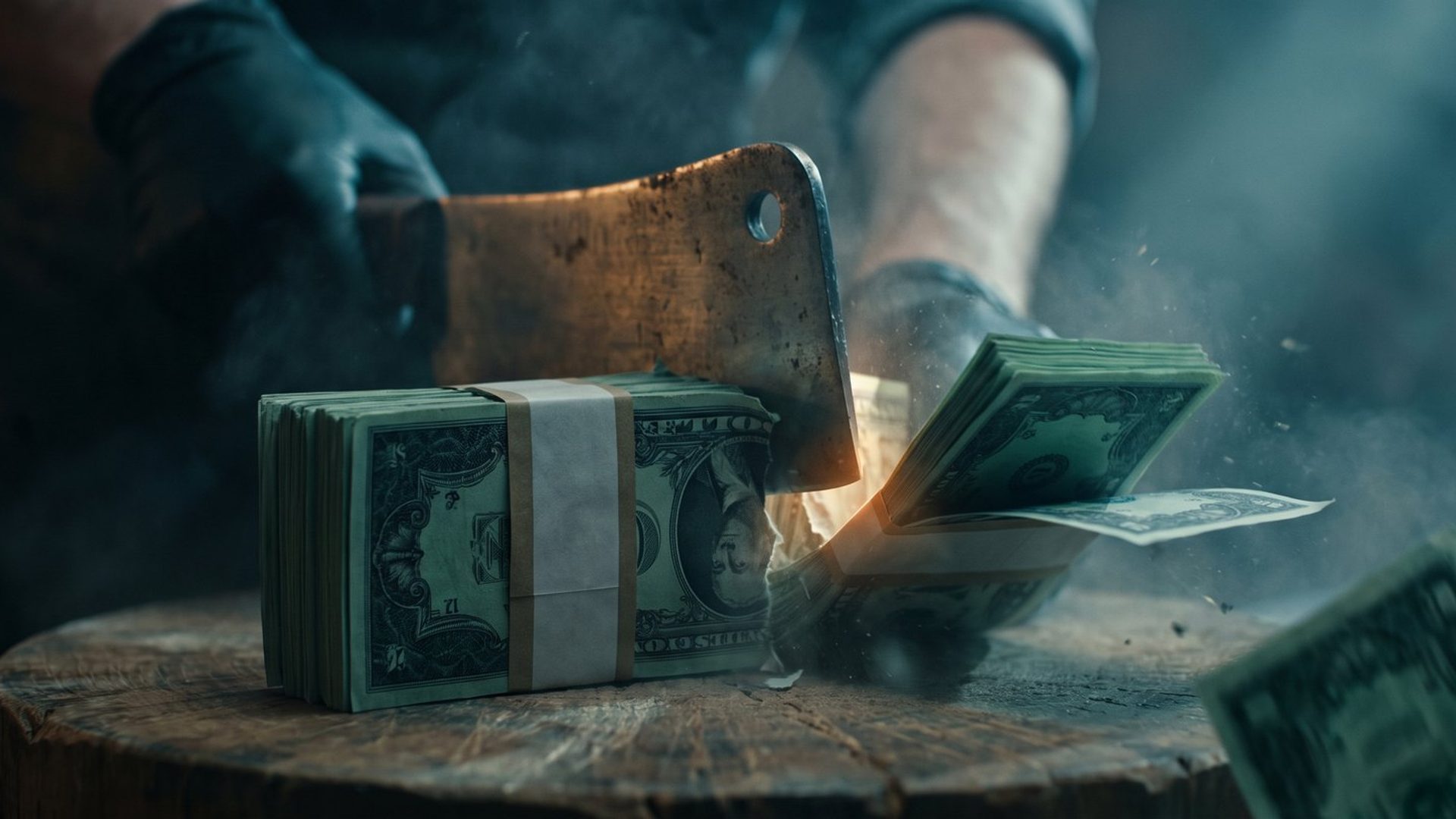 A heavy cleaver struck down through a strapped bundle of banknotes on a butcher's block, notes bursting out from the cut
