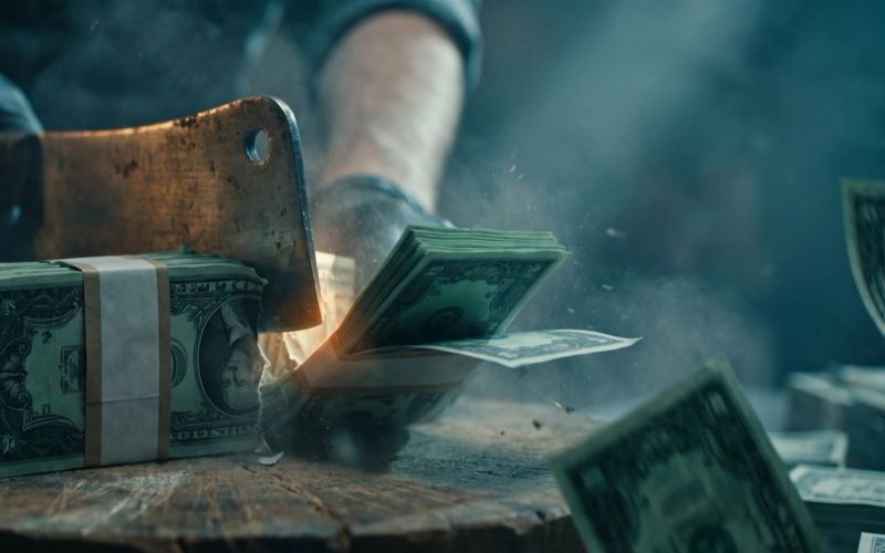 A heavy cleaver struck down through a strapped bundle of banknotes on a butcher's block, notes bursting out from the cut