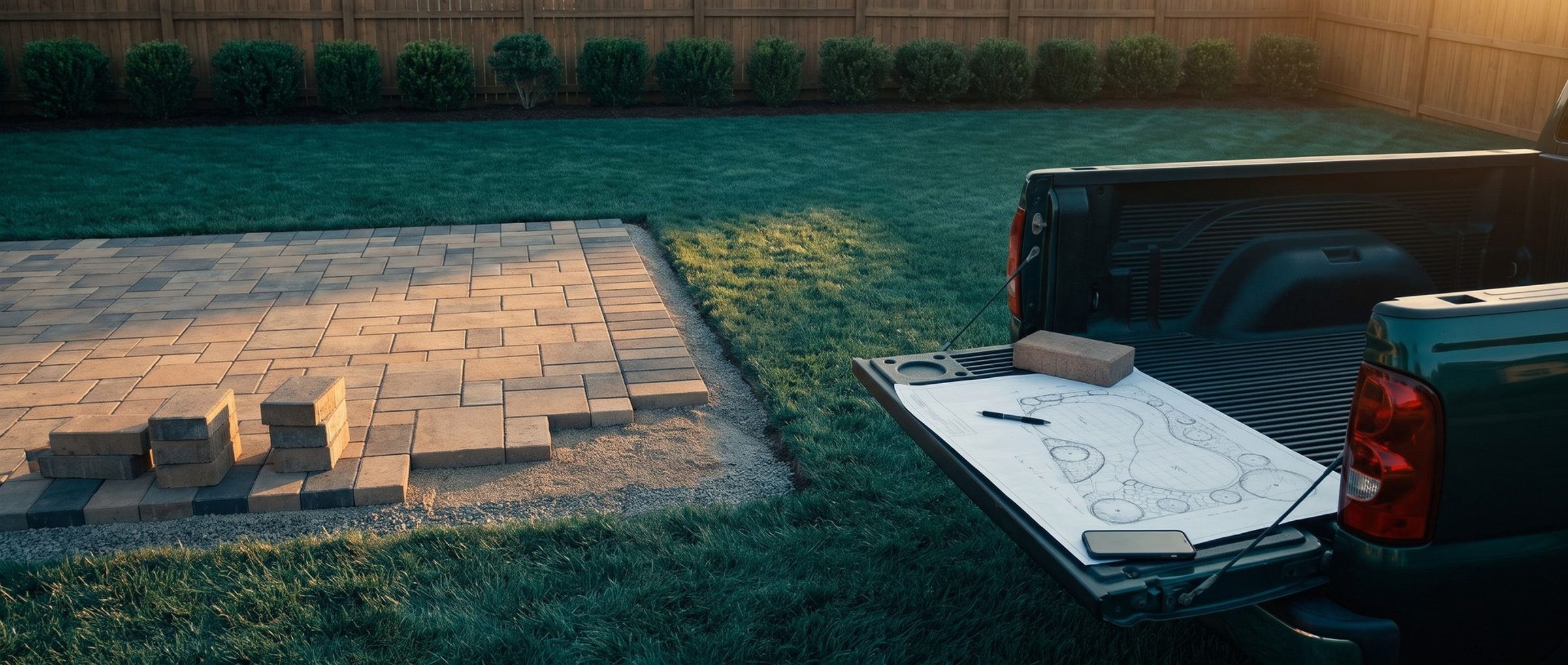 An open pickup tailgate beside a half-laid paver patio in a fenced backyard at golden hour, with a hand-drawn plan of planting beds held flat by a paver, a pen across it and a phone beside it