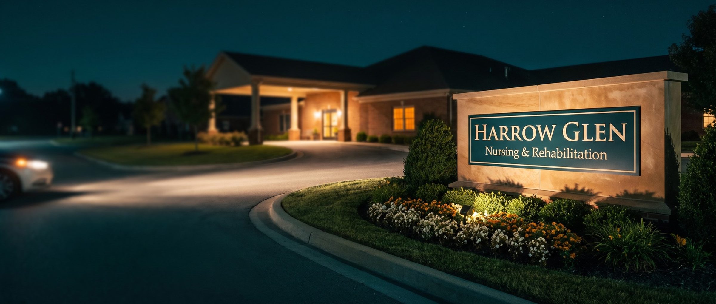 A lit tan stone entrance sign for a nursing home at night reading Harrow Glen Nursing and Rehabilitation, flower beds below and a car turning into the driveway toward a brick building with a glowing covered entrance