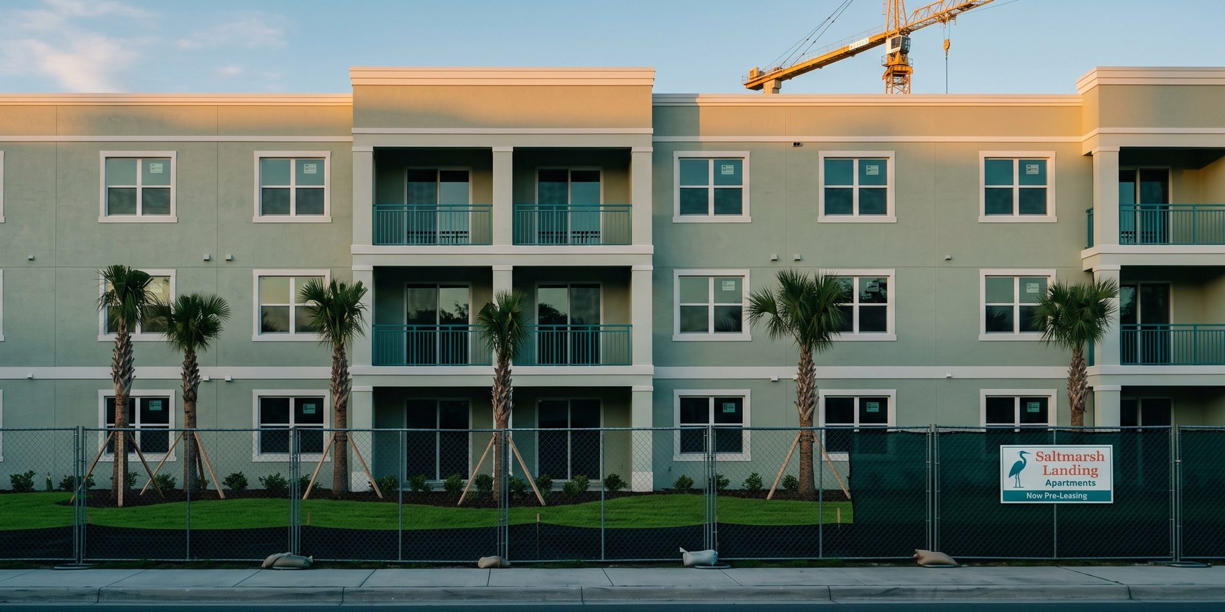 A brand-new three-story apartment building with fresh sod and staked young palms behind a construction fence, a small teal sign reading Saltmarsh Landing Apartments, Now Pre-Leasing, and a tower crane in the background