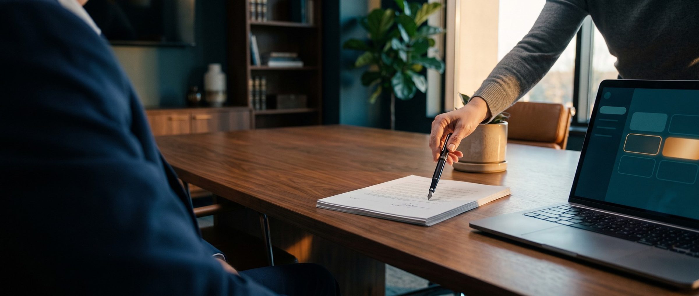 A client's hand holds a fountain pen over a freshly signed agreement on a walnut conference table at an advisory office, while an open laptop at the end of the table shows a pipeline board with one card glowing amber