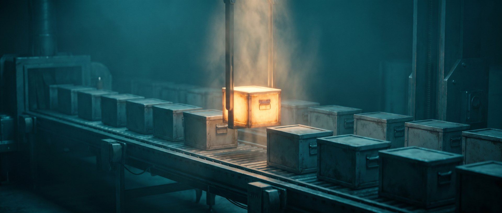 A factory conveyor belt carrying dozens of identical dull grey boxes through teal shadow, with one single box glowing warm amber being lifted off the line - the one that matters among the volume.