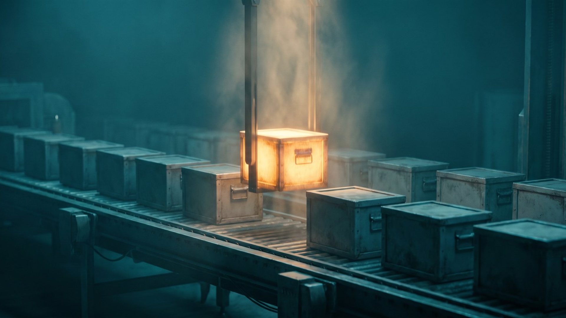 A factory conveyor belt carrying dozens of identical dull grey boxes through teal shadow, with one single box glowing warm amber being lifted off the line - the one that matters among the volume.