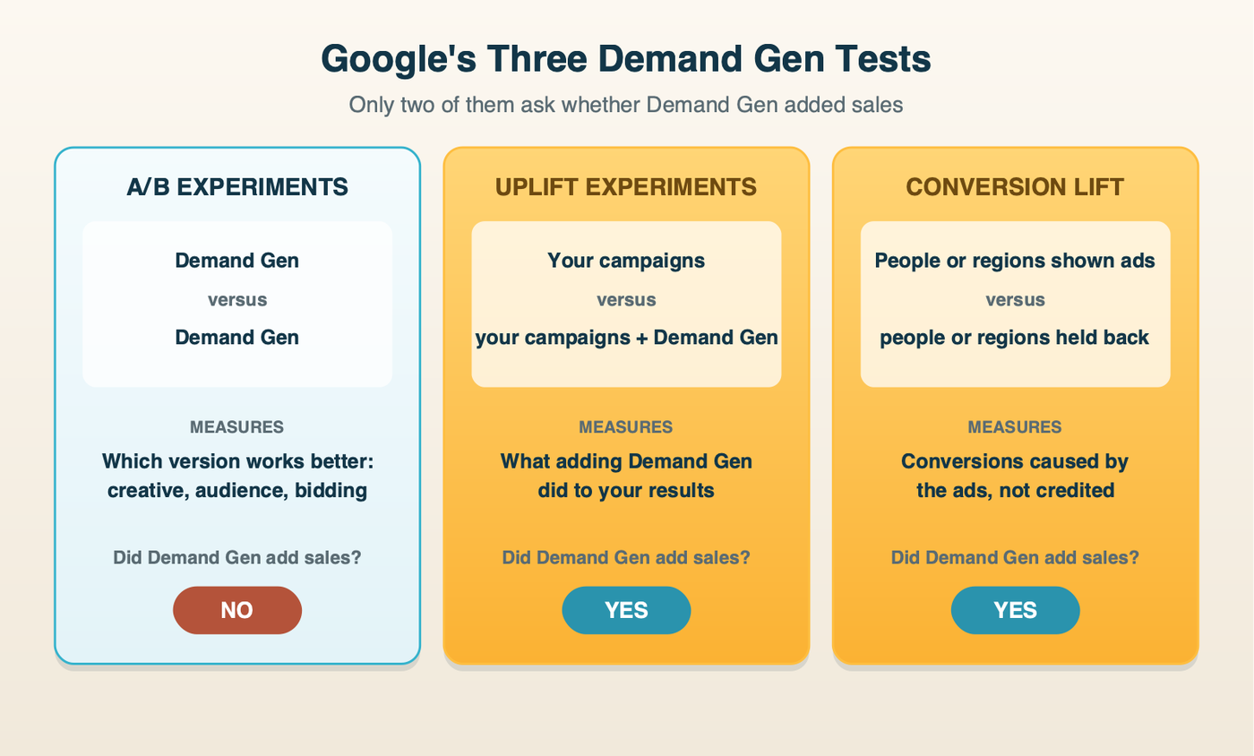 Google's three Demand Gen tests compared: A/B experiments compare two Demand Gen campaigns and cannot say whether Demand Gen added sales, Uplift Experiments measure adding Demand Gen to your existing campaigns, and Conversion Lift holds some people or regions back from your ads