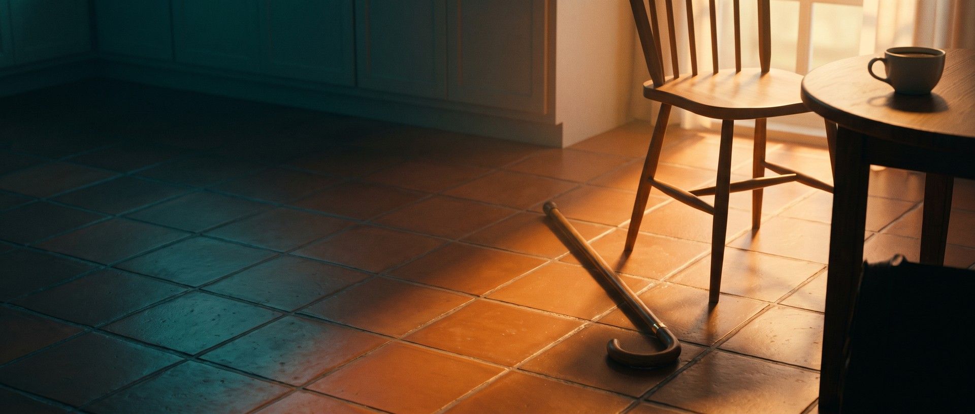 A wooden walking cane lying on a terracotta kitchen floor in low morning sun, beside a chair pushed back from a small table with a coffee cup still on it