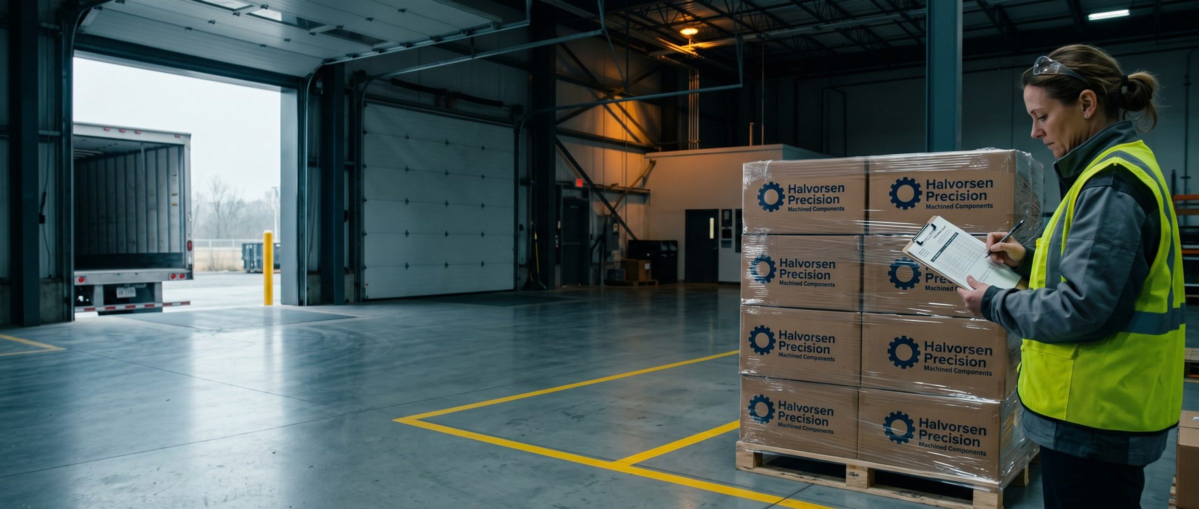 A receiving clerk in a hi-vis vest checks a packing slip on a clipboard against a shrink-wrapped pallet of Halvorsen Precision boxes at a factory loading dock