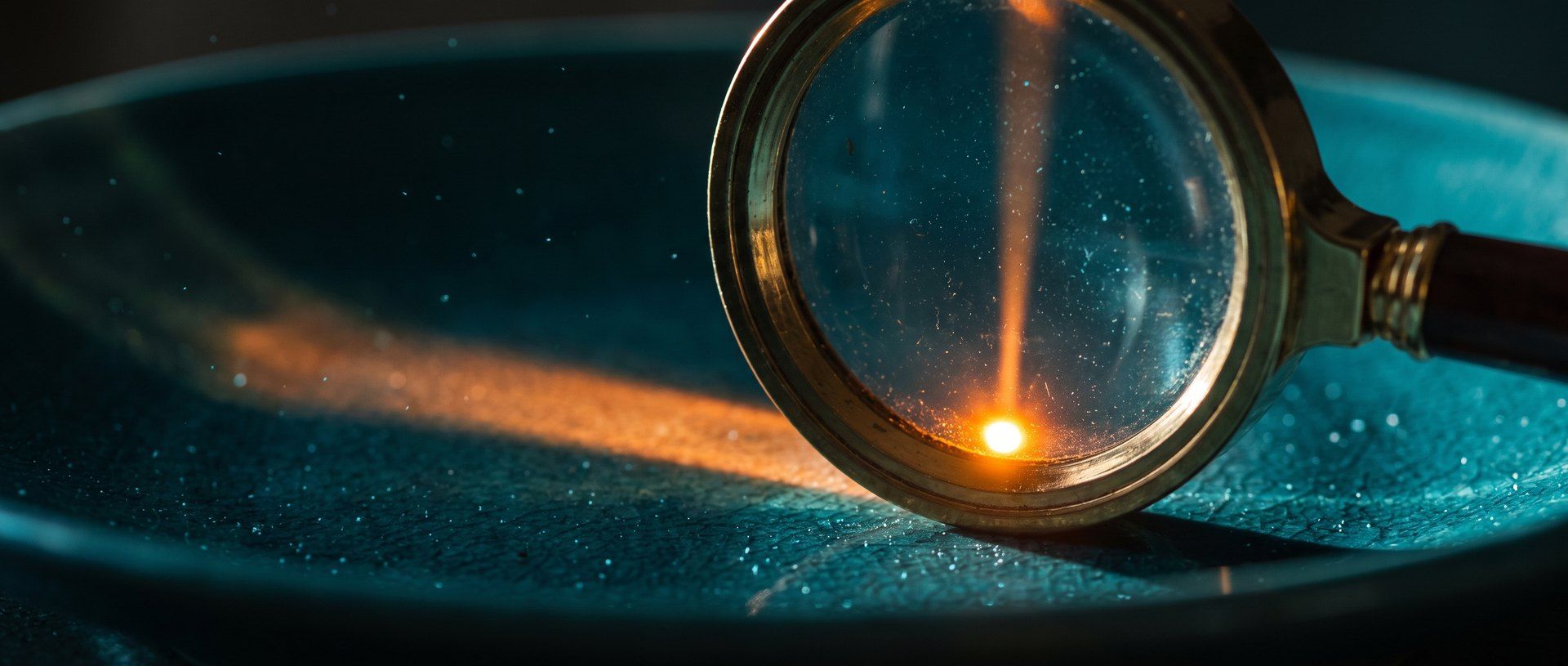 A brass magnifying glass focusing a beam of warm amber light down to a single brilliant point on a dark teal surface.