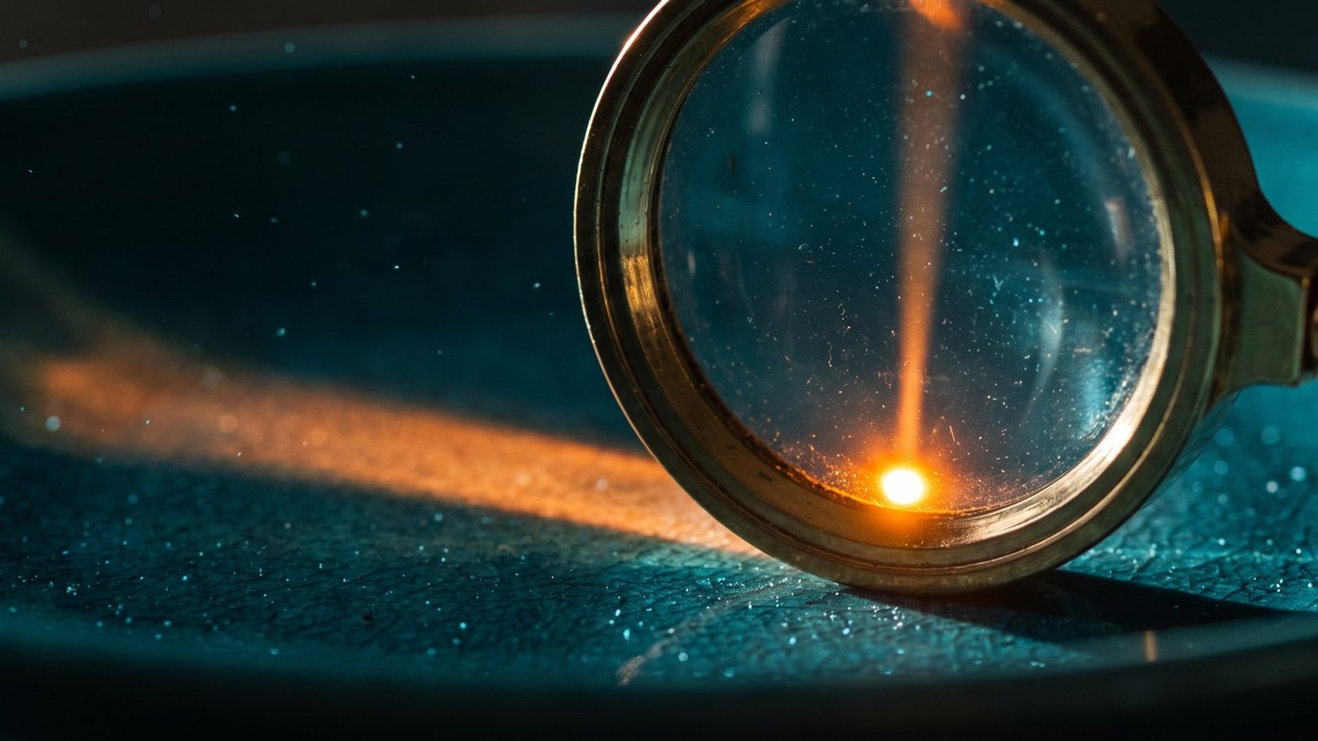 A brass magnifying glass focusing a beam of warm amber light down to a single brilliant point on a dark teal surface.