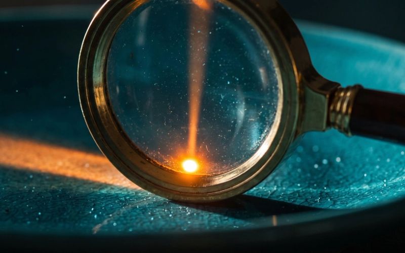 A brass magnifying glass focusing a beam of warm amber light down to a single brilliant point on a dark teal surface.