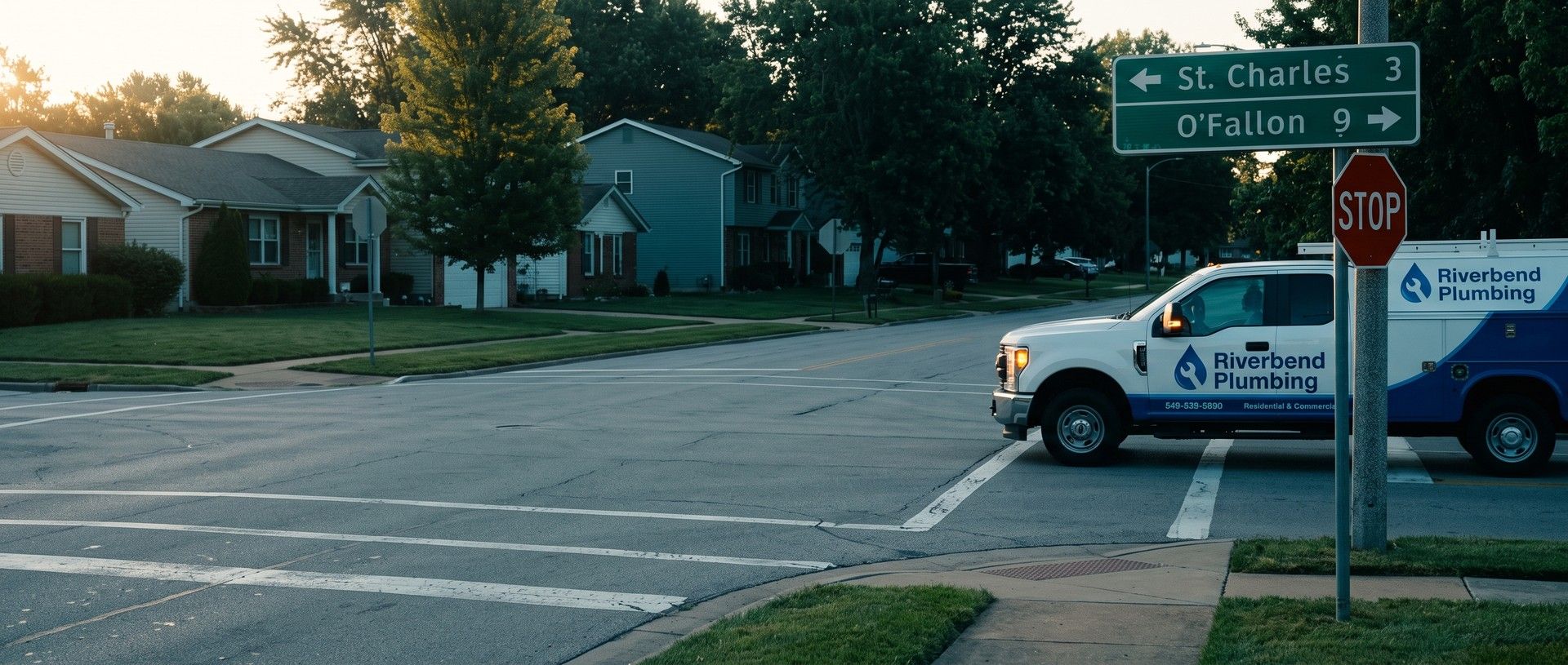 A plumbing company's branded work truck waits at a suburban stop sign beside a green road sign showing St. Charles 3 miles one way and O'Fallon 9 miles the other