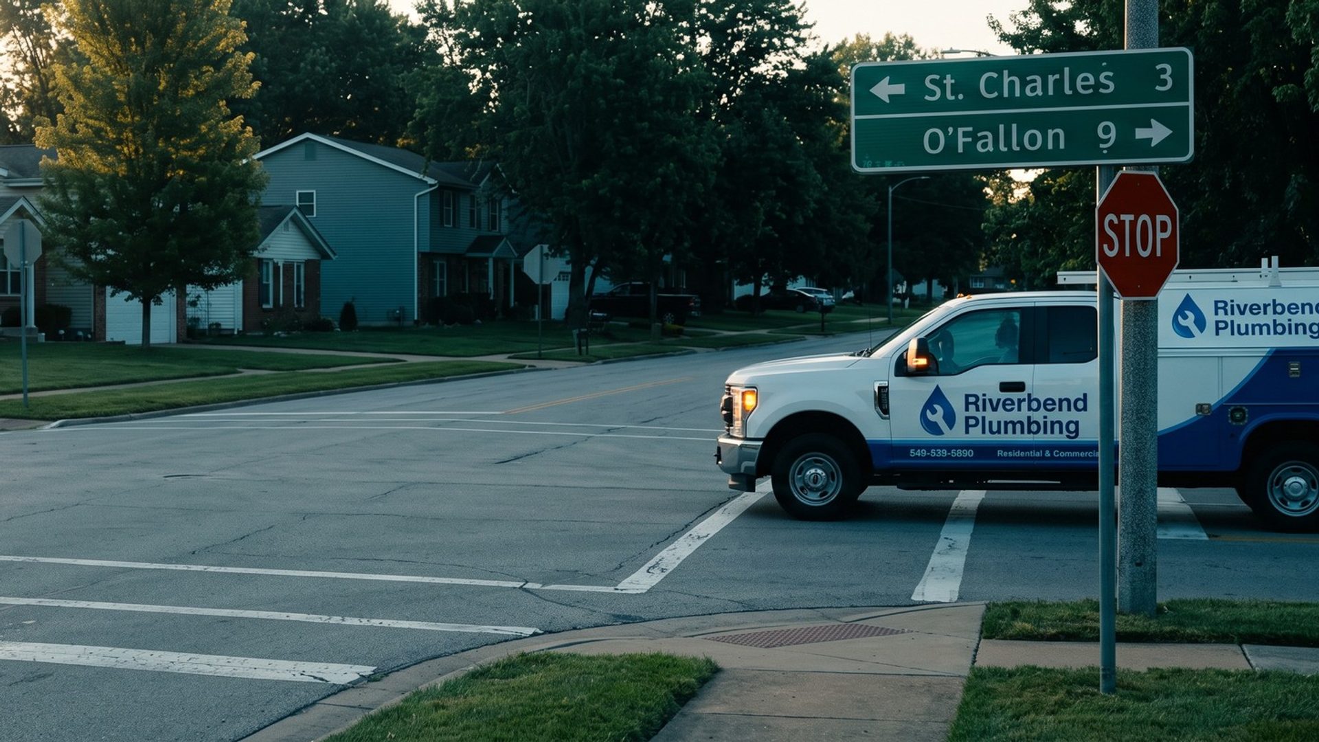 A plumbing company's branded work truck waits at a suburban stop sign beside a green road sign showing St. Charles 3 miles one way and O'Fallon 9 miles the other