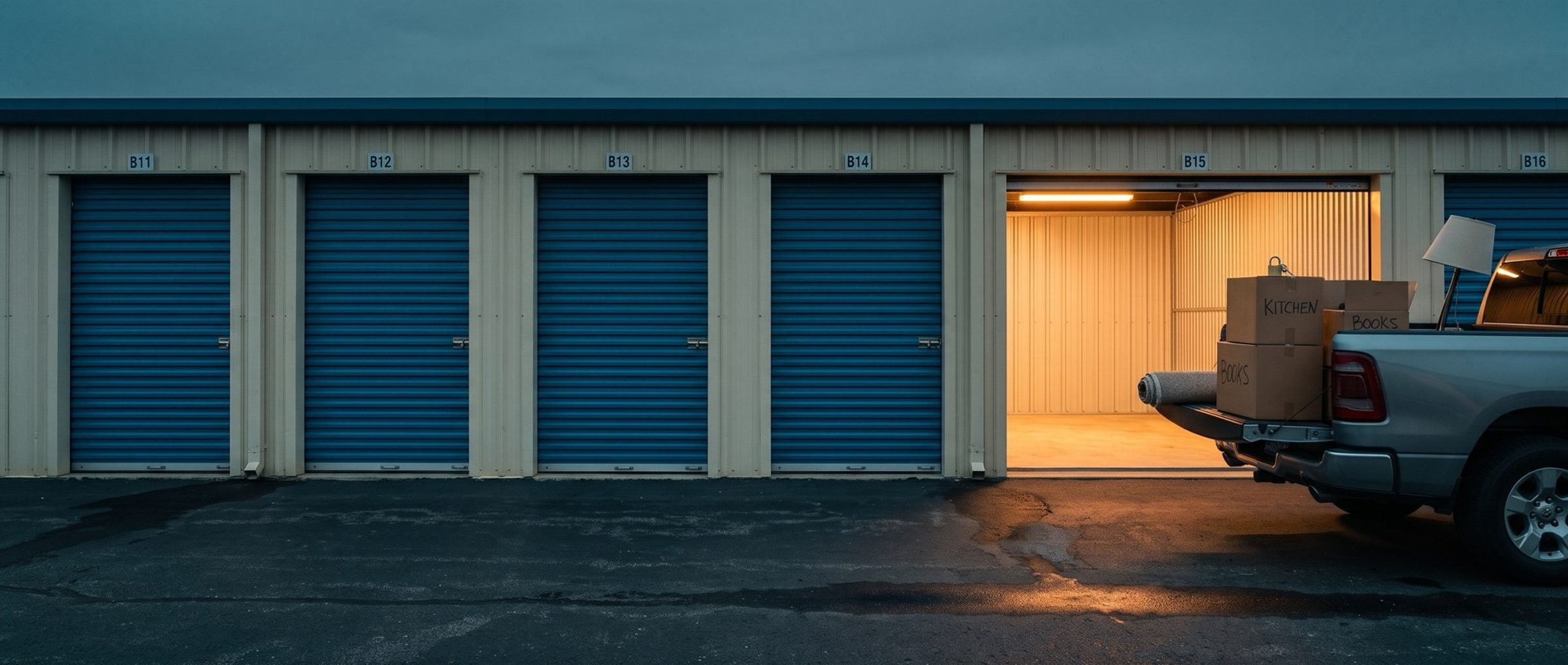 A drive-up self-storage building at dusk: a row of closed blue roll-up doors, and one open, lit unit with a gray pickup backed up to it, its tailgate holding moving boxes marked Kitchen and Books, a rolled rug, a floor lamp and a new padlock on the top box
