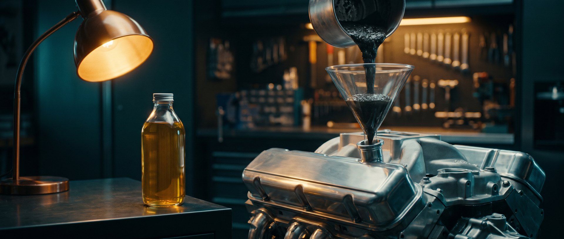 Dark black sludge being poured through a funnel into a clean engine while a bottle of fresh golden oil sits unused beside it