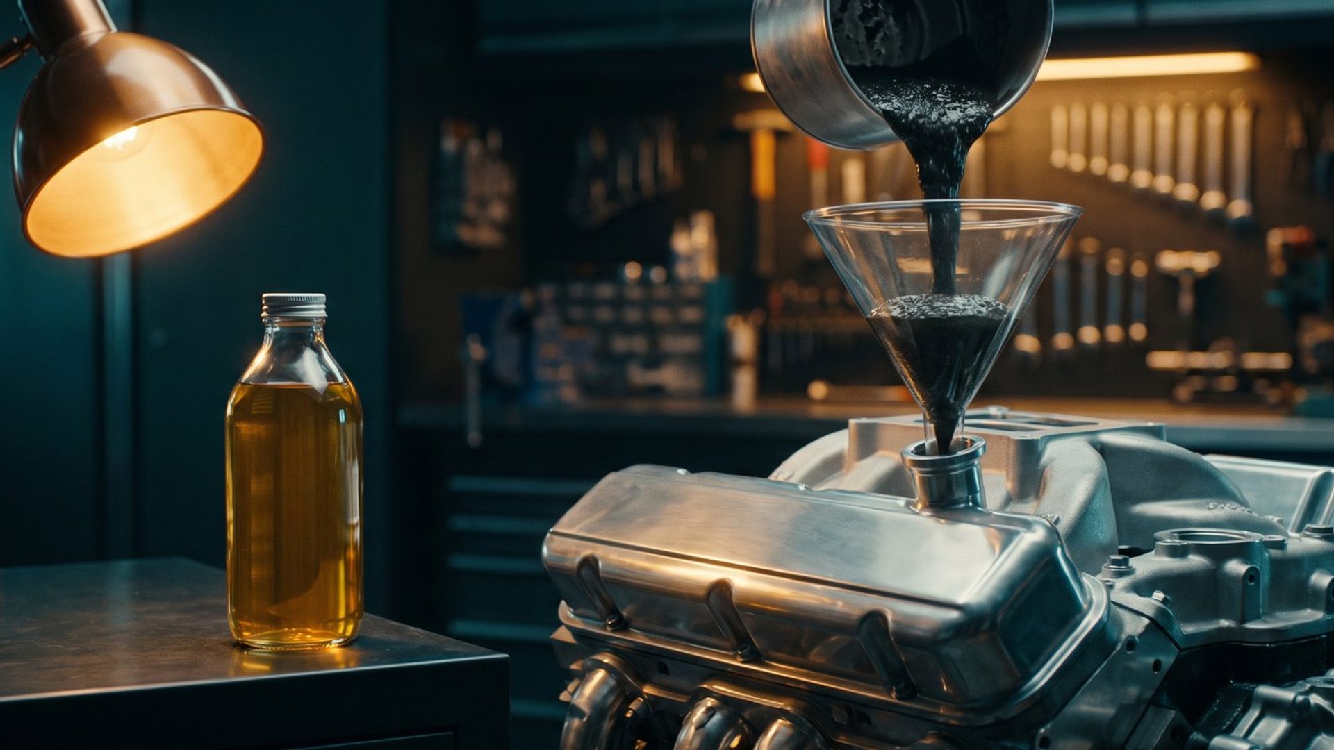 Dark black sludge being poured through a funnel into a clean engine while a bottle of fresh golden oil sits unused beside it