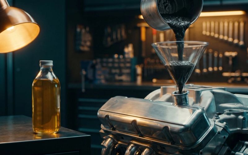 Dark black sludge being poured through a funnel into a clean engine while a bottle of fresh golden oil sits unused beside it
