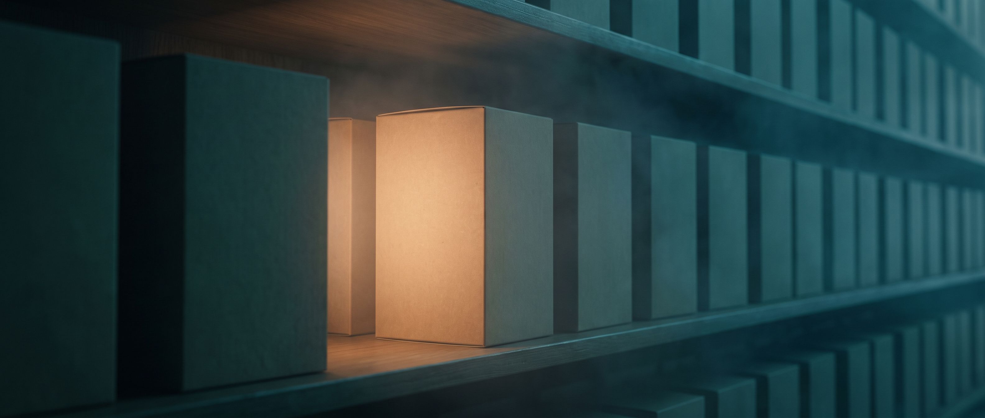 A long shelf of identical unbranded boxes receding into the dark, one of them lit warm amber