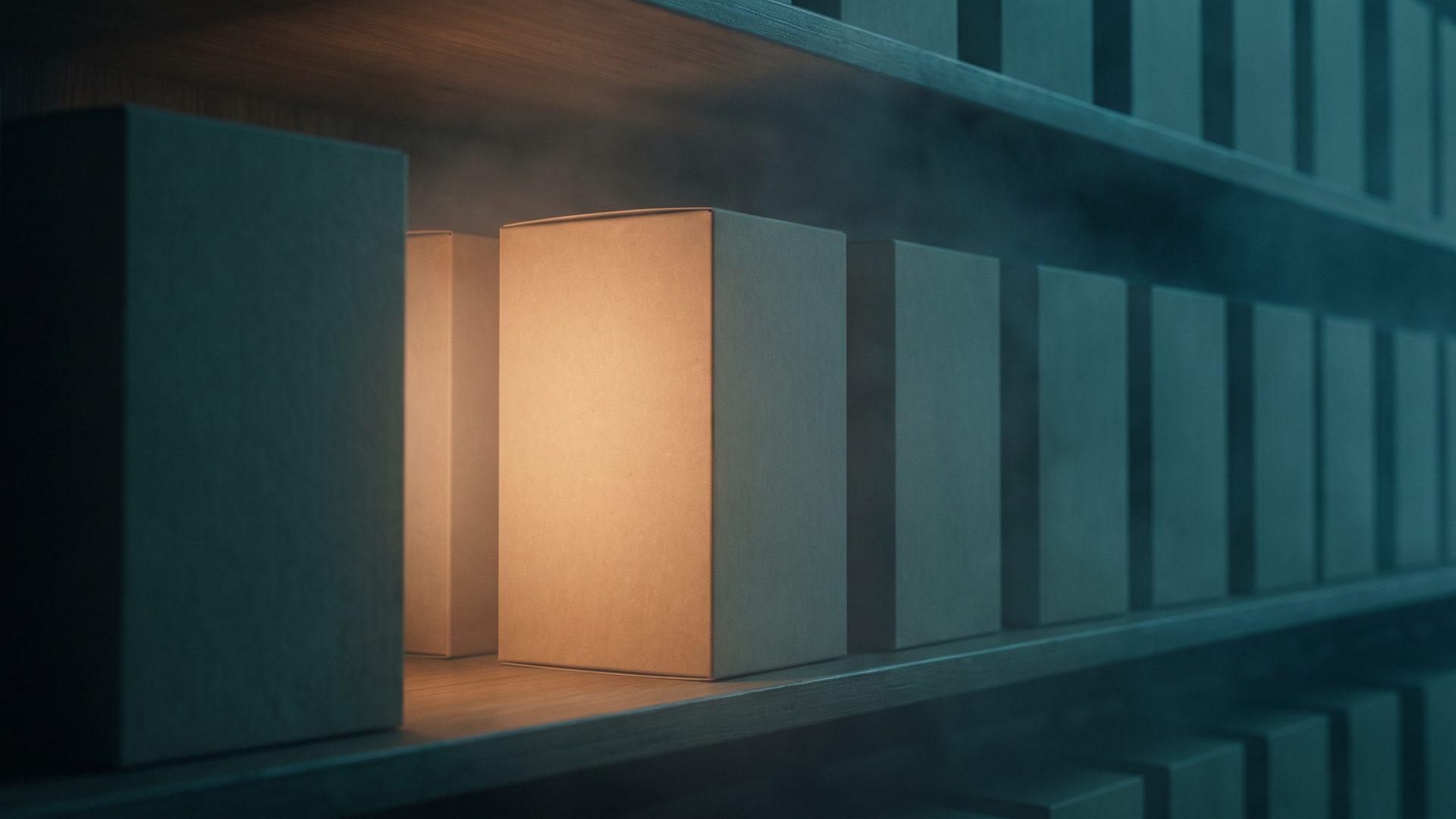 A long shelf of identical unbranded boxes receding into the dark, one of them lit warm amber