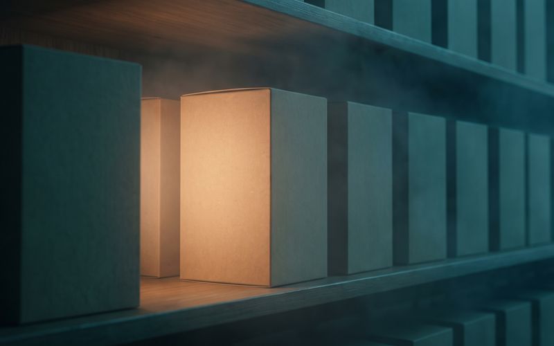 A long shelf of identical unbranded boxes receding into the dark, one of them lit warm amber