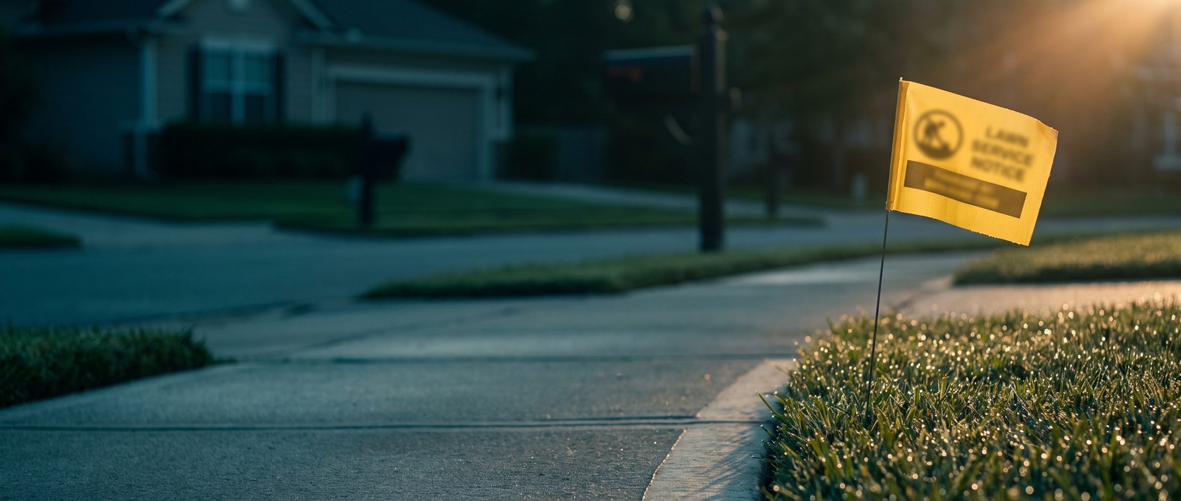 A yellow lawn service notice flag standing in a dewy front lawn at sunrise, a neighbor's house softly out of focus behind it