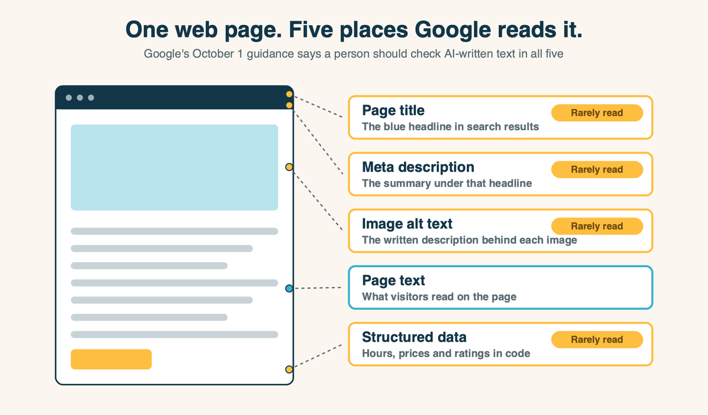 One web page and the five places Google reads its text: the page body, the page title shown as the search headline, the meta description under it, structured data such as hours and prices, and the alt text on images. The last four are marked as the fields AI tools fill in automatically and owners rarely read