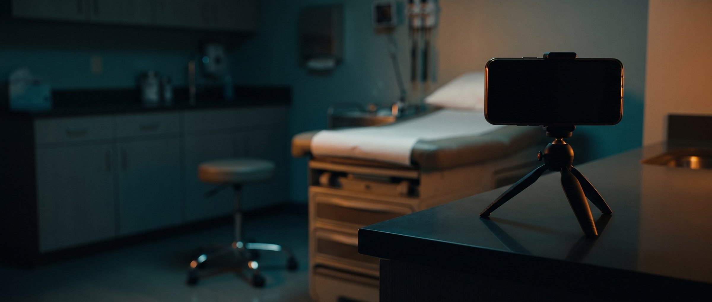 A phone mounted on a small tripod on an exam room counter in the evening, pointed at an exam table and an empty rolling stool, ready to film the real office