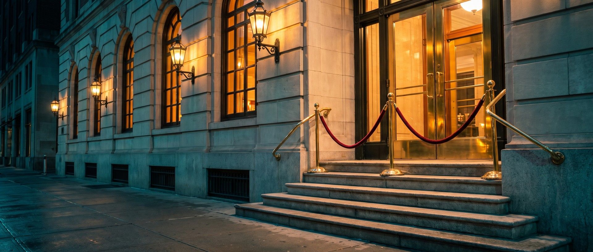 A red velvet rope on polished brass stanchions strung across the top of a grand limestone hotel's front steps at night, tall brass-and-glass lobby doors glowing behind and arched windows lit amber along the facade