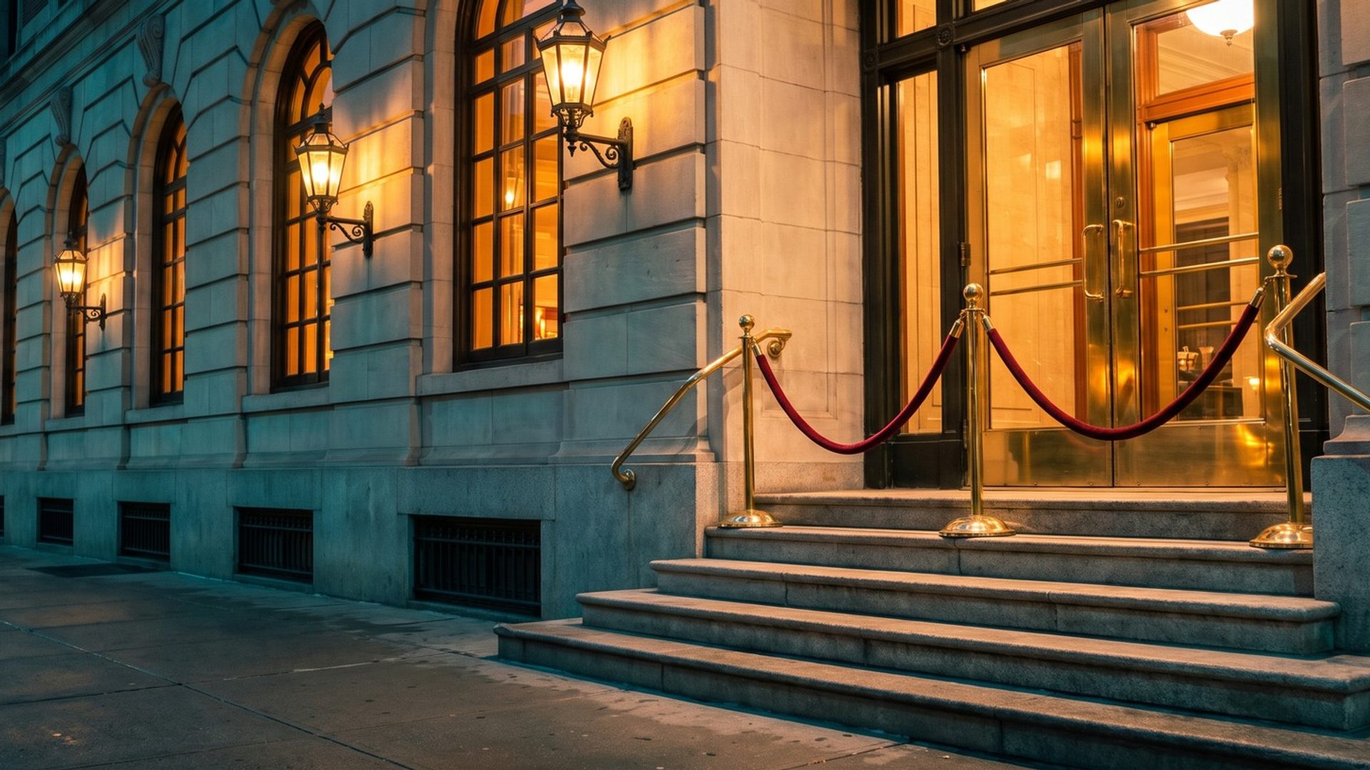 A red velvet rope on polished brass stanchions strung across the top of a grand limestone hotel's front steps at night, tall brass-and-glass lobby doors glowing behind and arched windows lit amber along the facade