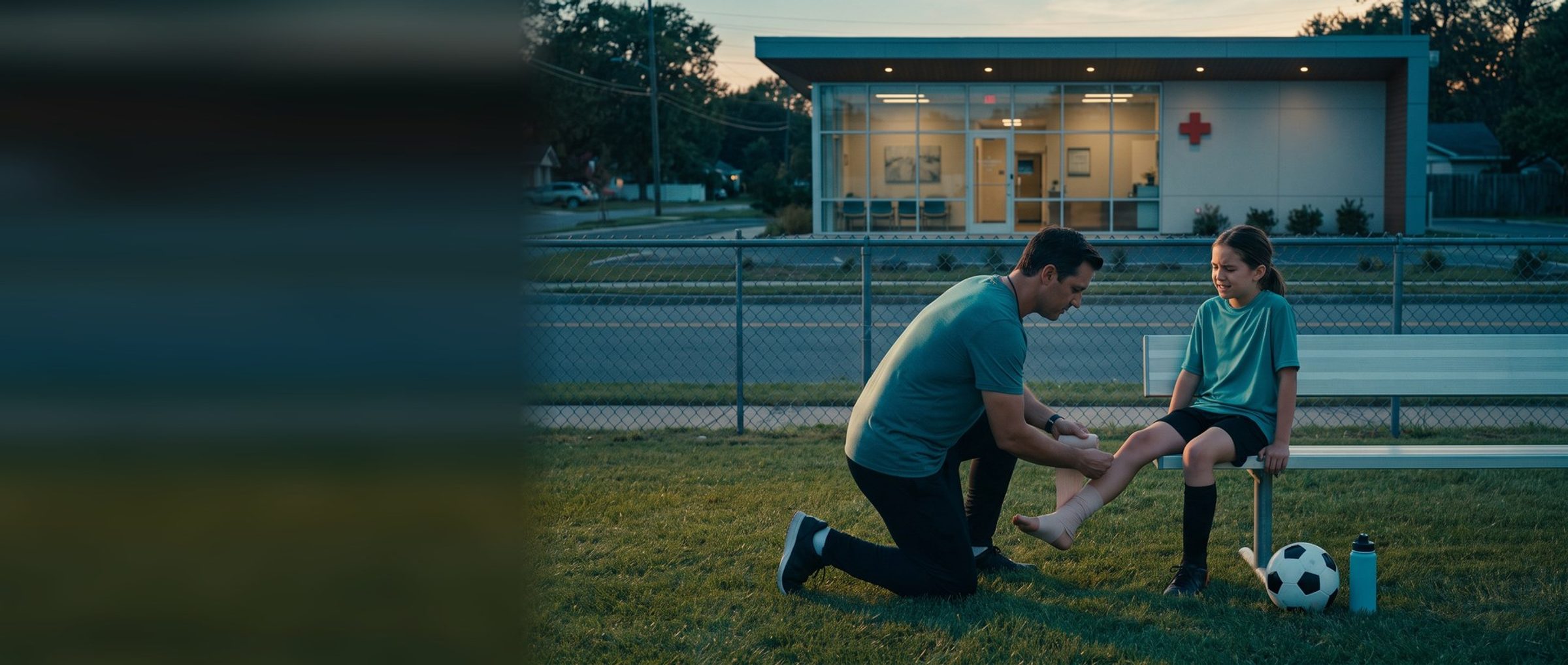 On a youth soccer sideline at dusk, a coach kneels to wrap a young player's ankle on a bench, and a small urgent care clinic with a red cross stands just across the street