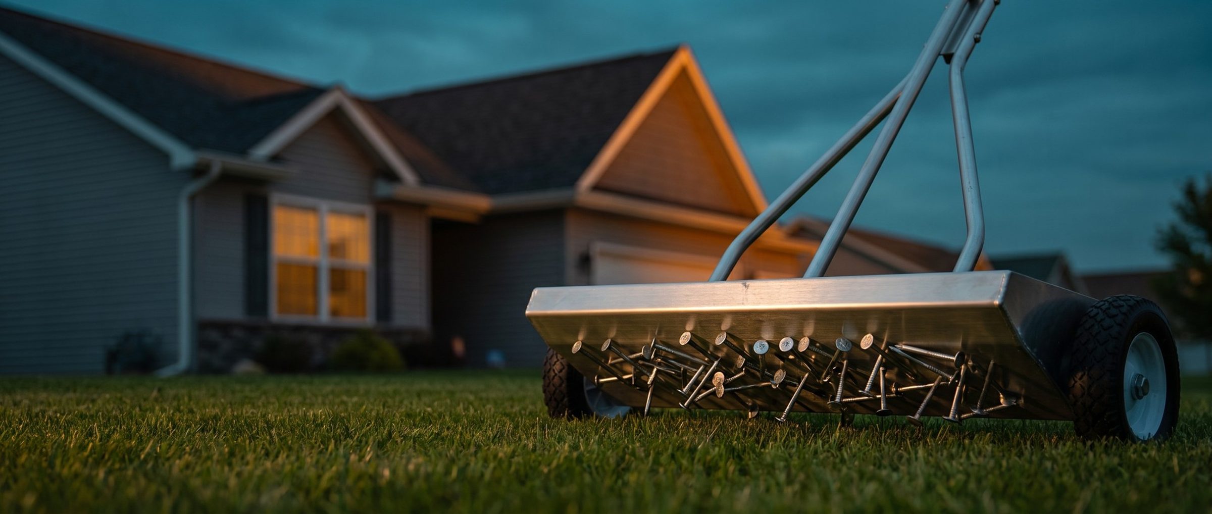 A roofer's aluminum magnetic sweeper rests on a mowed lawn at dusk with a cluster of roofing nails stuck to its magnet bar, a house with a new charcoal roof and a glowing window behind