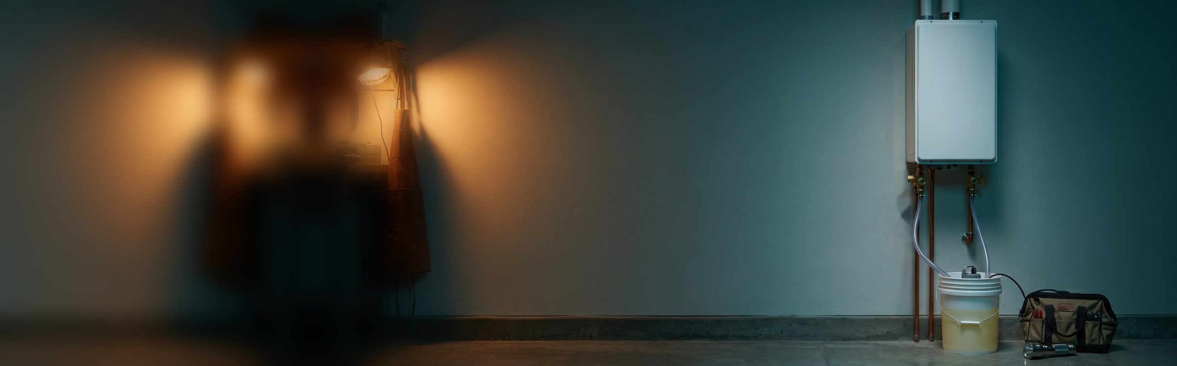 A plain white tankless water heater on a garage wall at dusk in the middle of a service flush, with two clear hoses running from its shutoff valves into a bucket holding a small pump, and a plumber's tool bag and flashlight on the floor beside it
