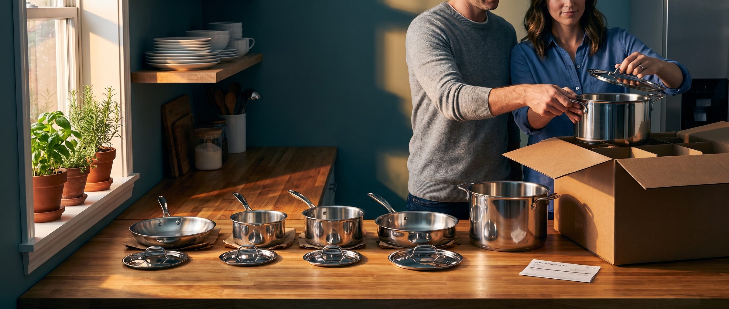 In a sunny home kitchen, a couple lifts a stainless stockpot out of a big shipping box, with the rest of a new cookware set lined up along the butcher-block counter
