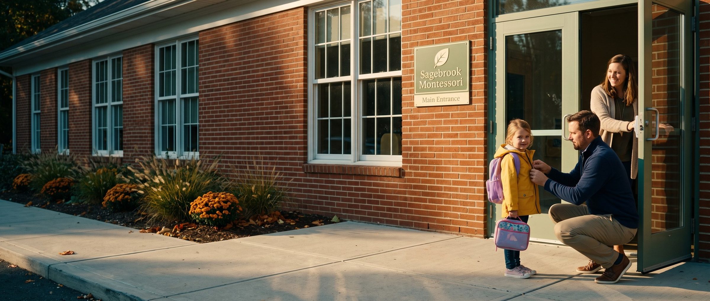 A father crouches to zip his young daughter's yellow jacket at the front door of Sagebrook Montessori on her first day while a teacher holds the door