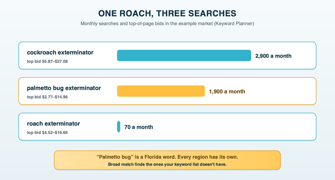 One roach, three searches in the example market: cockroach exterminator at about 2,900 a month, palmetto bug exterminator at about 1,900, and roach exterminator at 70; palmetto bug is a Florida word, and every region has its own