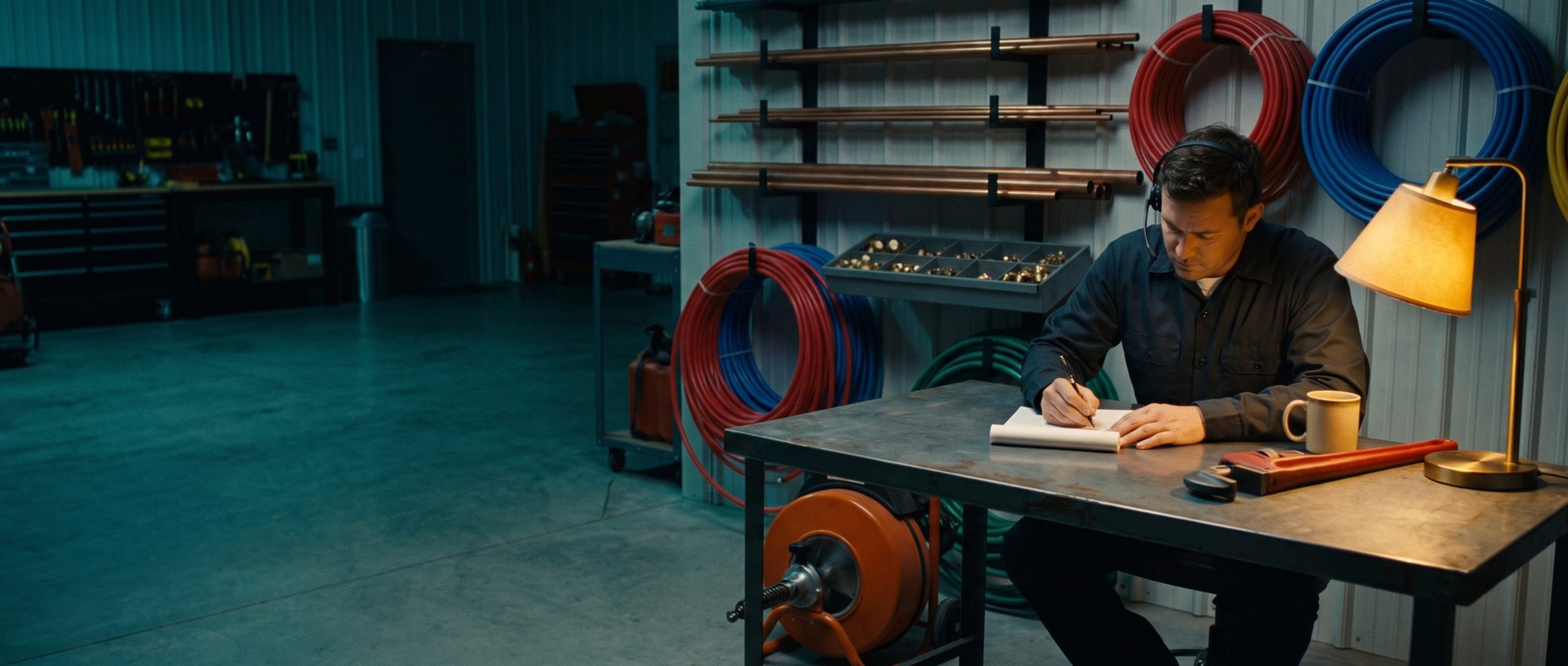 A plumbing shop at night where a dispatcher in a headset takes notes under a desk lamp, with a pipe wrench and coffee mug on the desk, copper pipe and coils of red and blue PEX on the wall, and an orange drain cleaning machine beside him