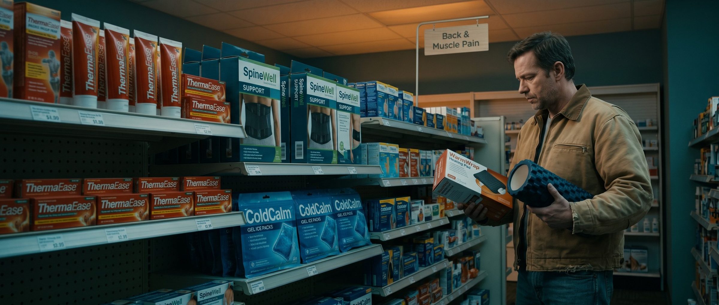 In a pharmacy aisle under a Back & Muscle Pain sign, a man in a work jacket compares a boxed heating pad with a blue foam roller