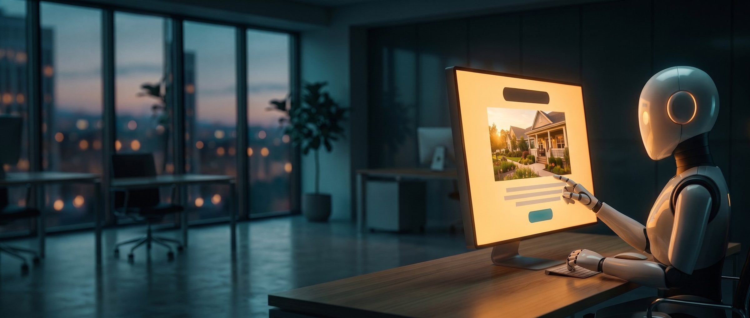 A white humanoid robot at a desk points at a computer screen showing a senior living ad, with a photo of a community's porch and garden, in a dim office at dusk