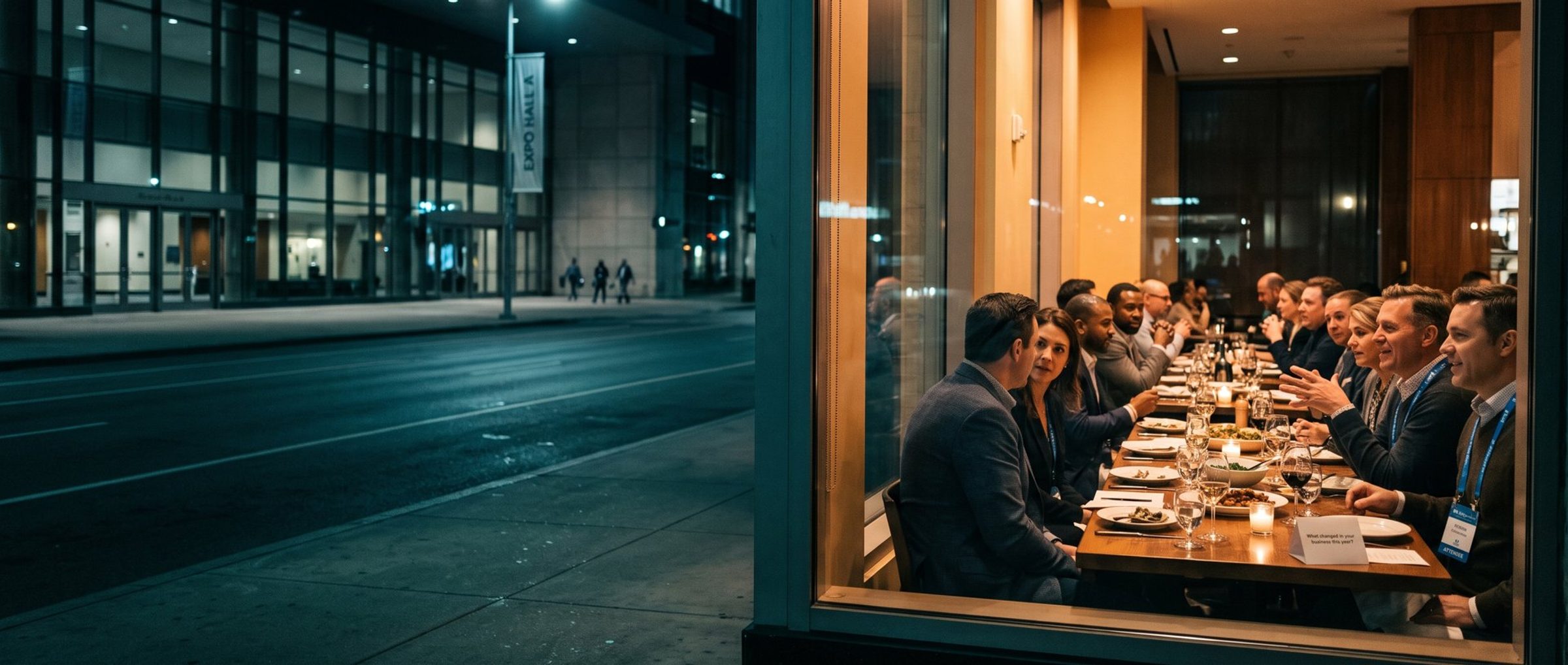 At night across the street from a quiet convention center with an Expo Hall A banner, a restaurant window glows where a dozen business professionals, several still wearing conference lanyards, talk around one long dinner table with a question card at their places.