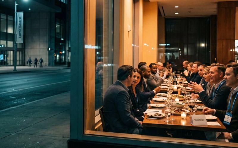 At night across the street from a quiet convention center with an Expo Hall A banner, a restaurant window glows where a dozen business professionals, several still wearing conference lanyards, talk around one long dinner table with a question card at their places.