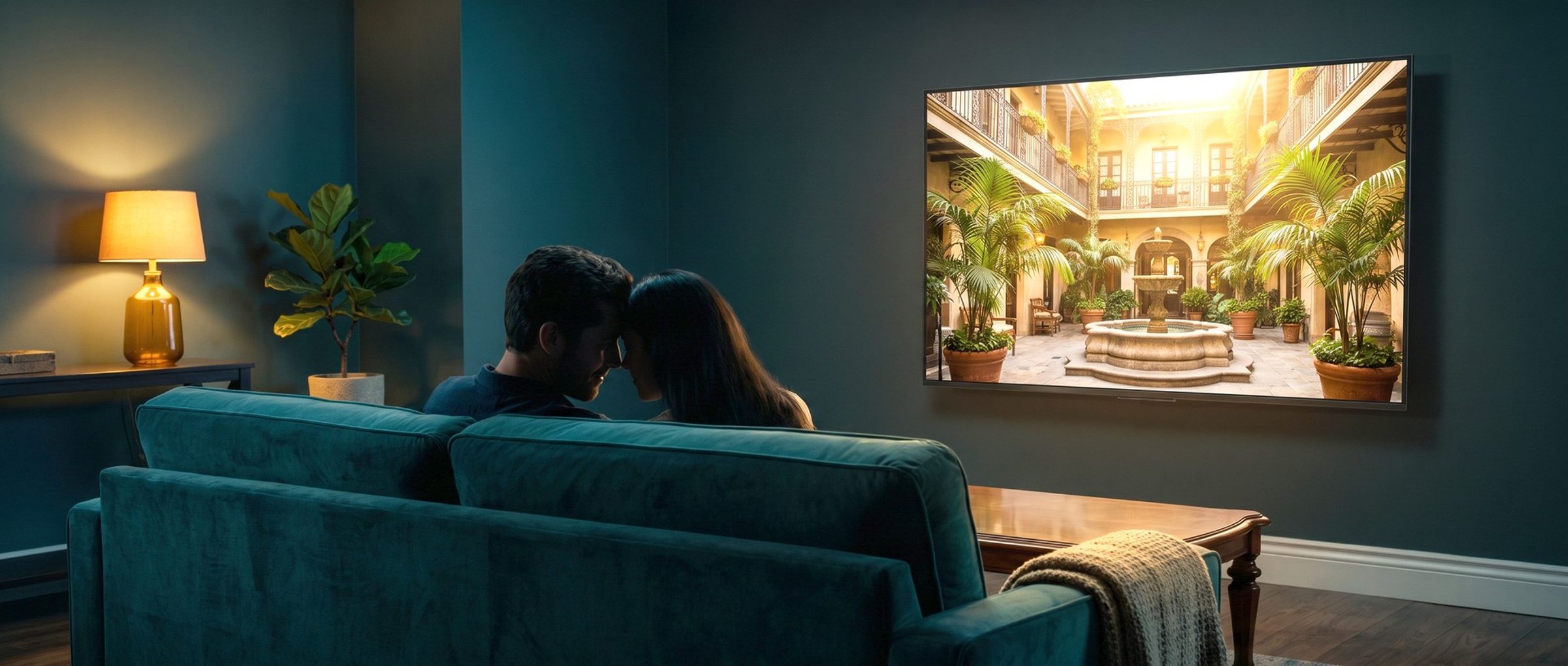 A couple seen from behind on a teal velvet sofa in a lamplit living room at night, watching a large wall TV that shows a sunlit hotel courtyard with a fountain, palms and wrought-iron balconies