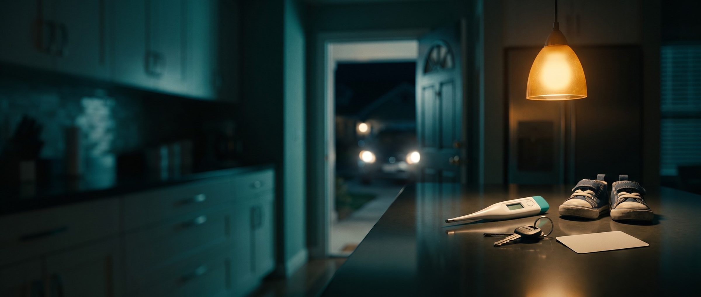 A dark family kitchen at night: a digital thermometer, car keys, a card and a pair of small sneakers sit under a single amber pendant light while the front door stands open behind them and car headlights wait in the driveway