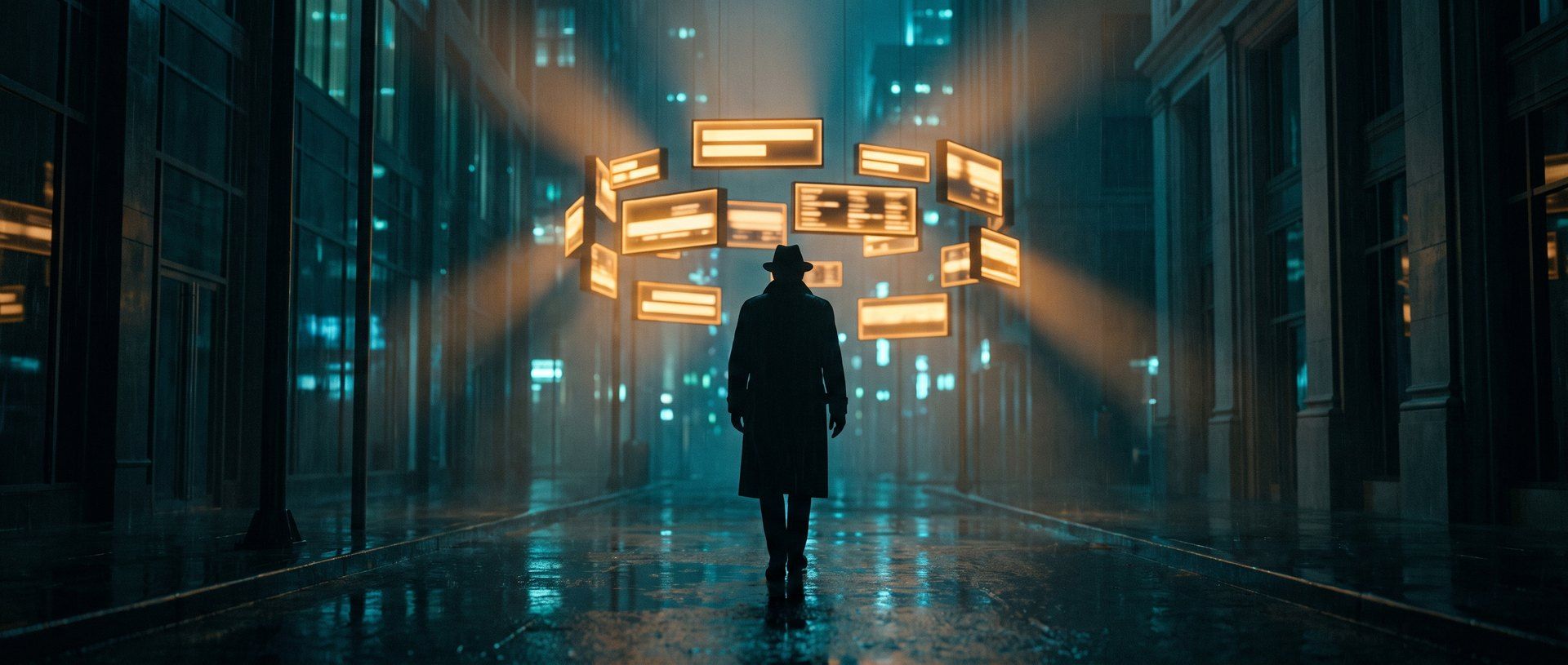 A lone figure in a coat walking down a rain-wet city street at night, followed by a cluster of glowing amber ad panels hovering around him
