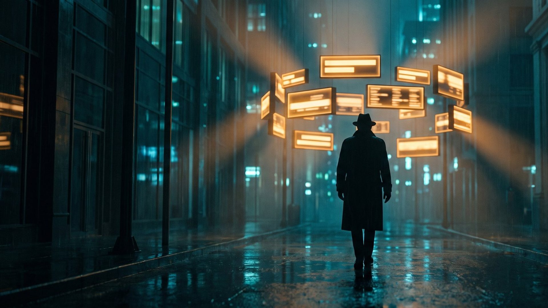 A lone figure in a coat walking down a rain-wet city street at night, followed by a cluster of glowing amber ad panels hovering around him