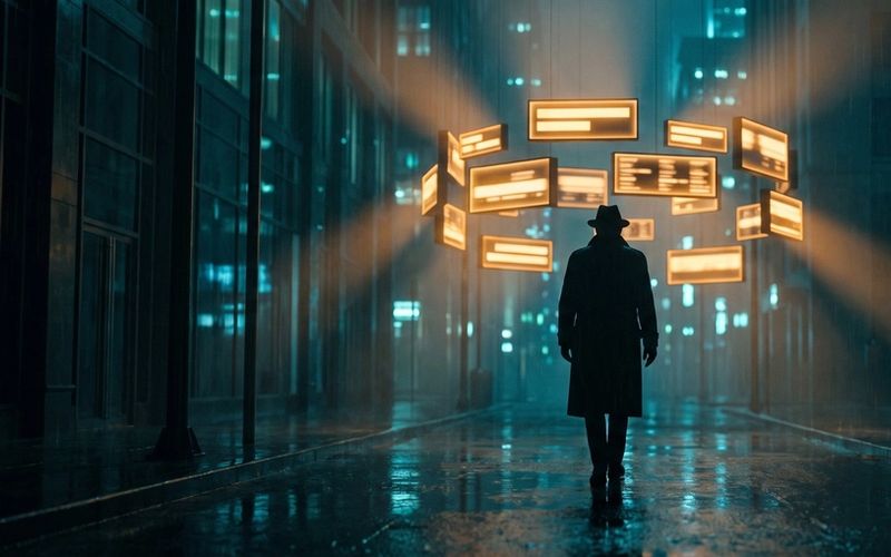 A lone figure in a coat walking down a rain-wet city street at night, followed by a cluster of glowing amber ad panels hovering around him
